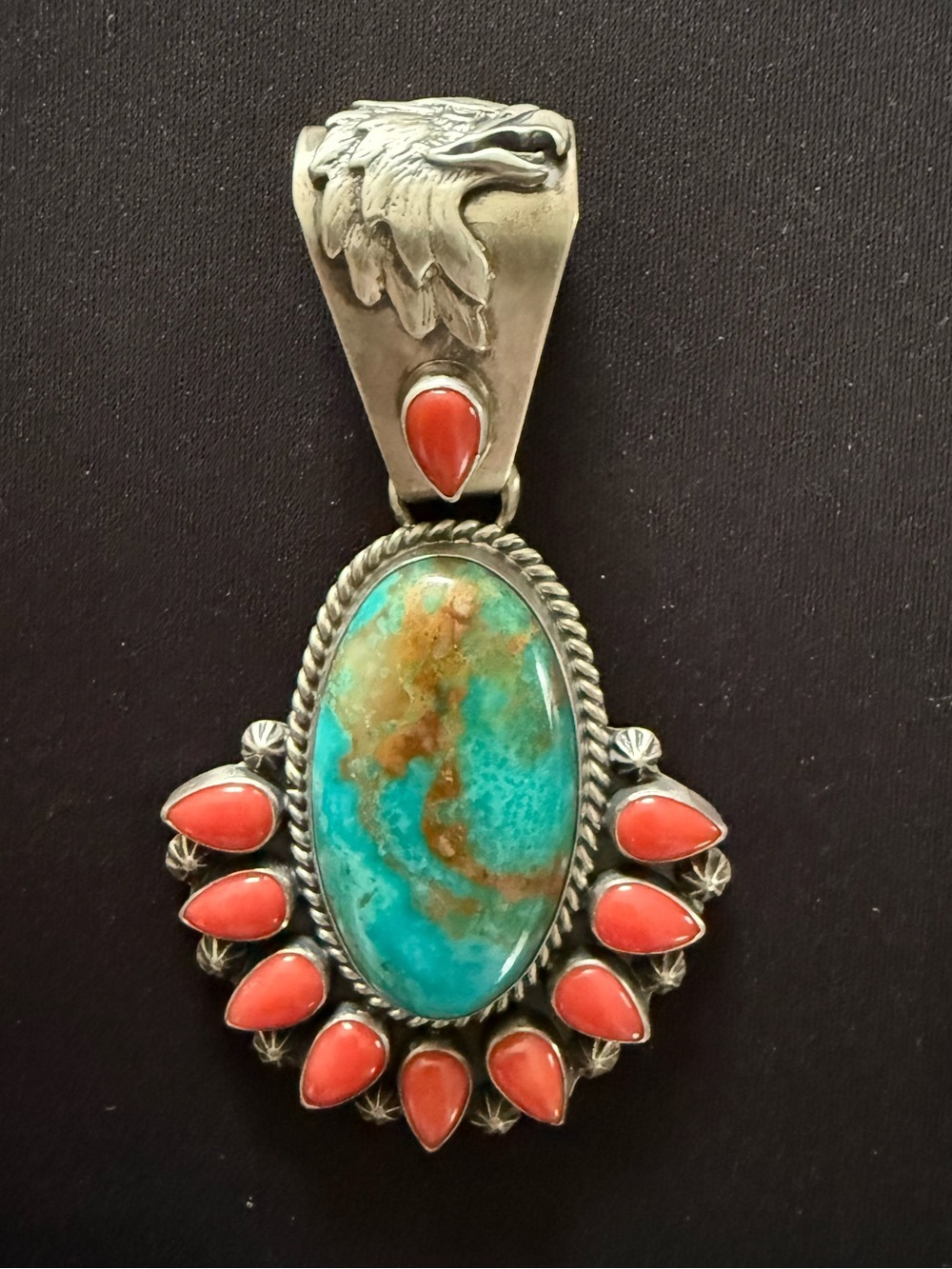 Massive native handmade turquoise & coral pendant with huge eagle bale. .925